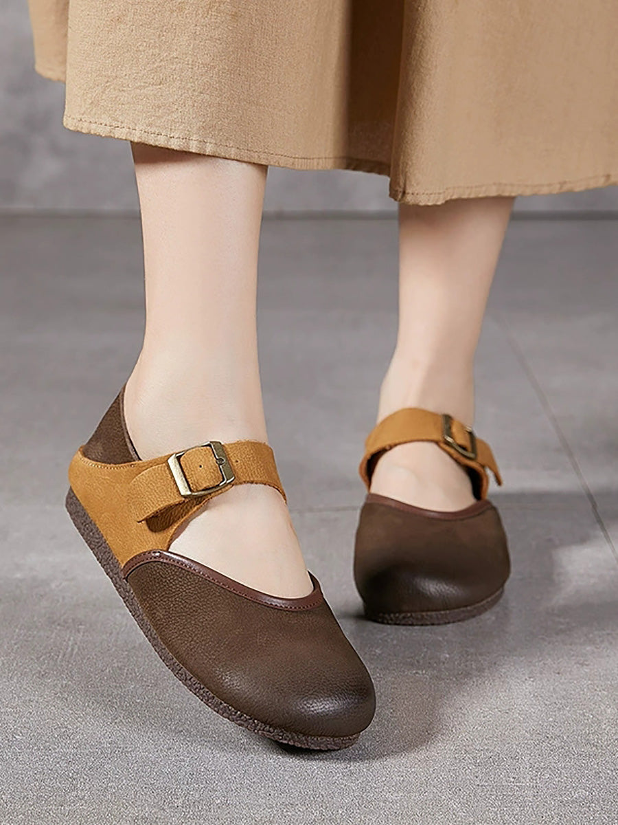 Women Retro Genuine Leather Spliced Flat Shoes