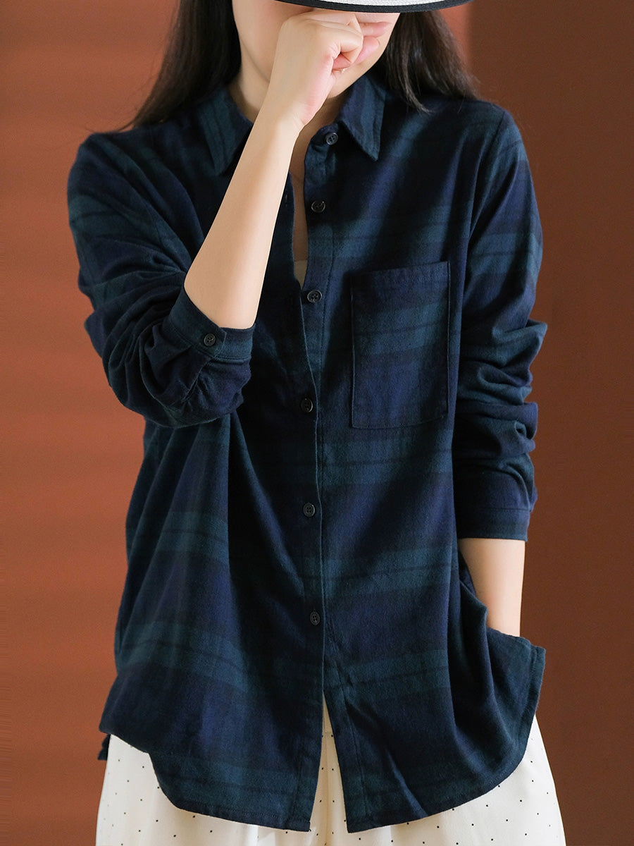 Women Autumn Plaid Turn-down Collar 100%Cotton Shirt