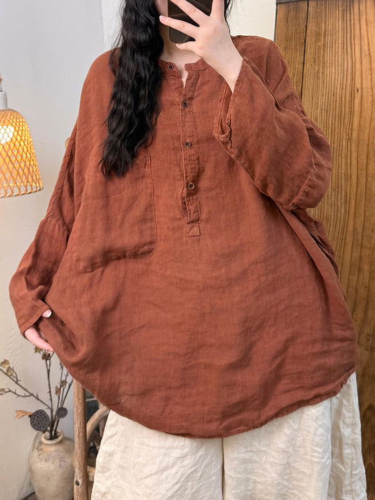 Women Autumn Retro Pure Color Linen Stand Collar Shirt
