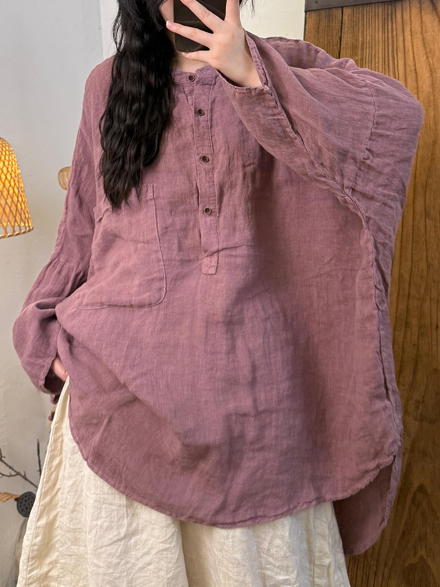 Women Autumn Retro Pure Color Linen Stand Collar Shirt