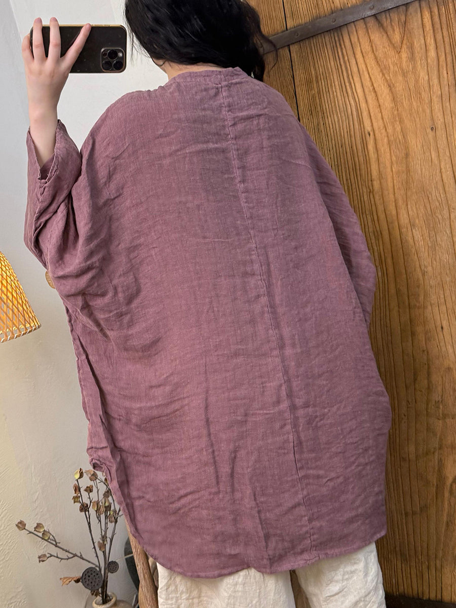 Women Autumn Retro Pure Color Linen Stand Collar Shirt
