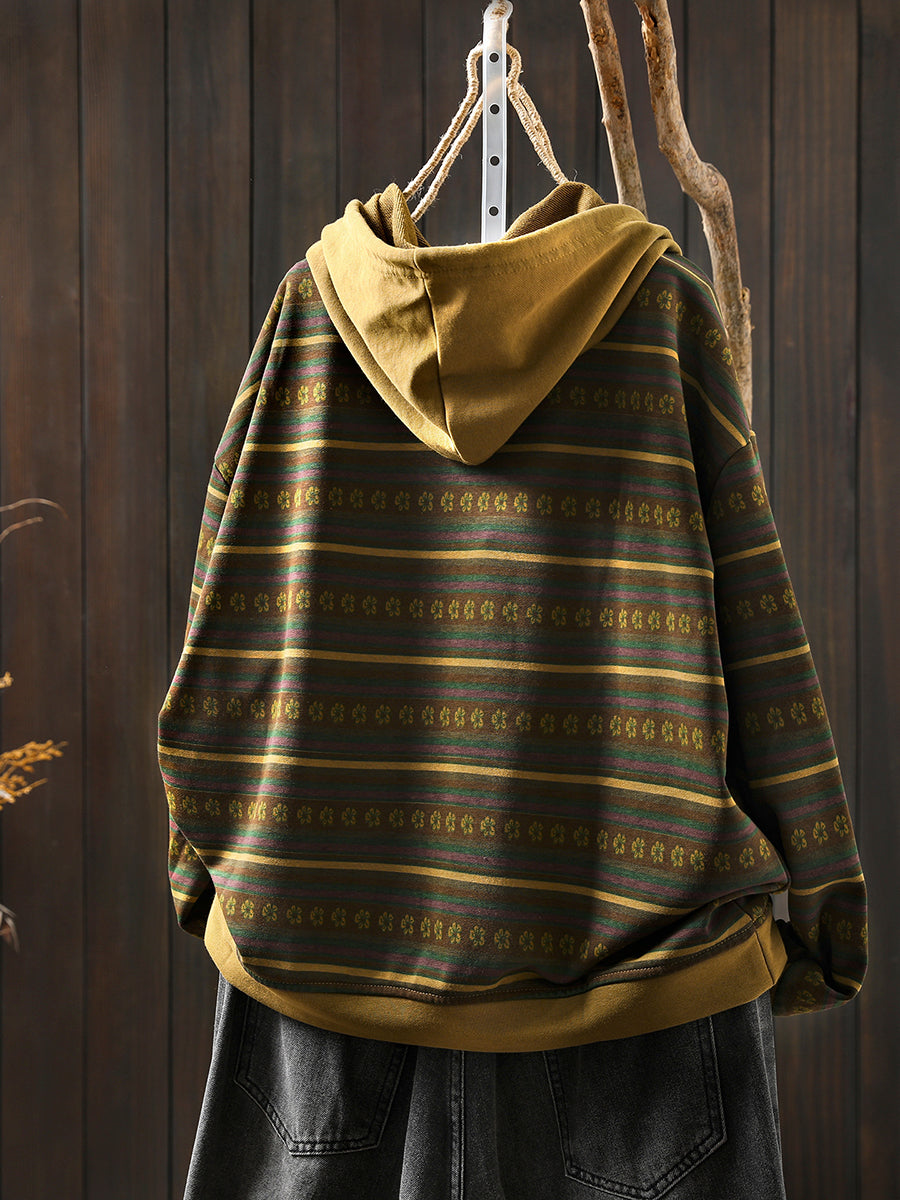 Women Retro Autumn Stripe 100%Cotton Hoodie