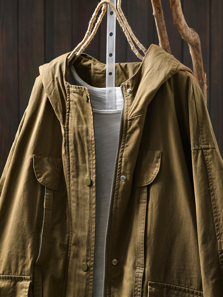 Women Autumn Pure Color 100%Cotton Hooded Coat