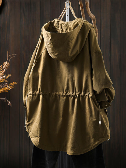 Women Autumn Pure Color 100%Cotton Hooded Coat