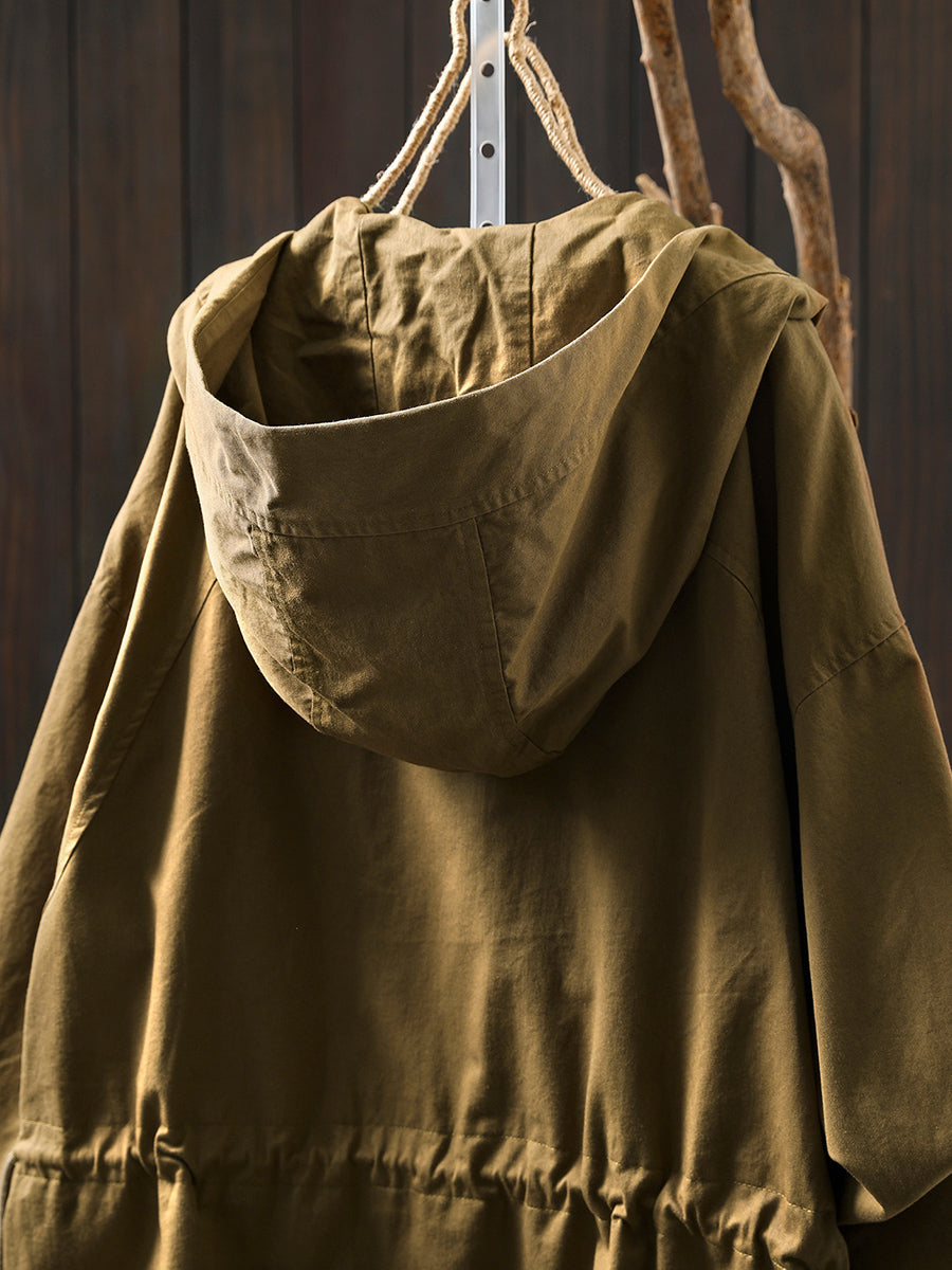 Women Autumn Pure Color 100%Cotton Hooded Coat