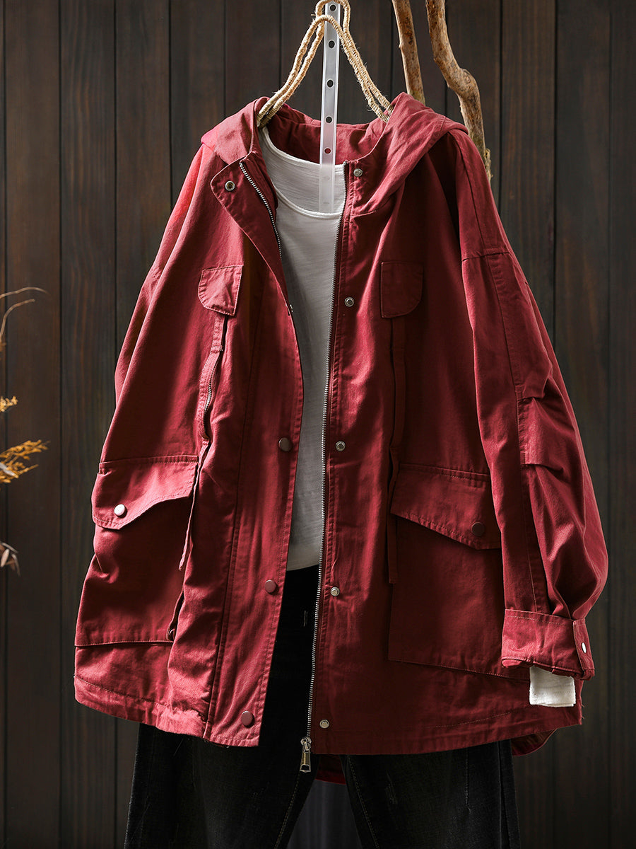 Women Autumn Pure Color 100%Cotton Hooded Coat