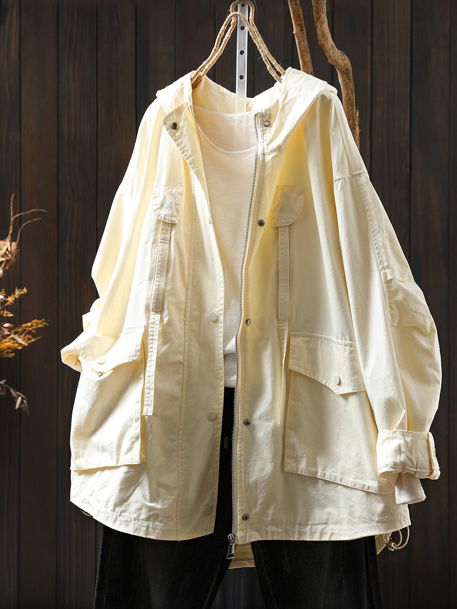Women Autumn Pure Color 100%Cotton Hooded Coat