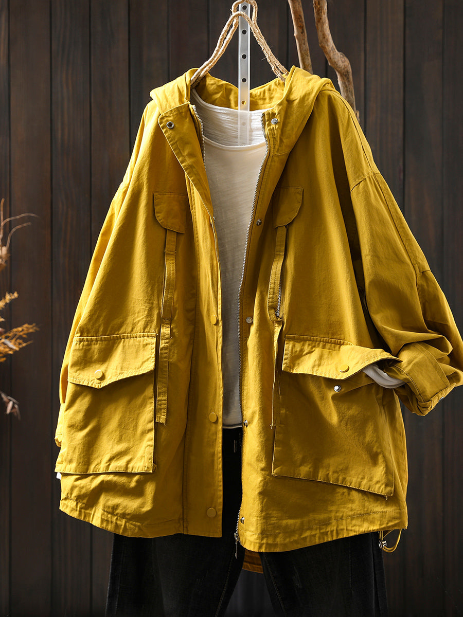 Women Autumn Pure Color 100%Cotton Hooded Coat