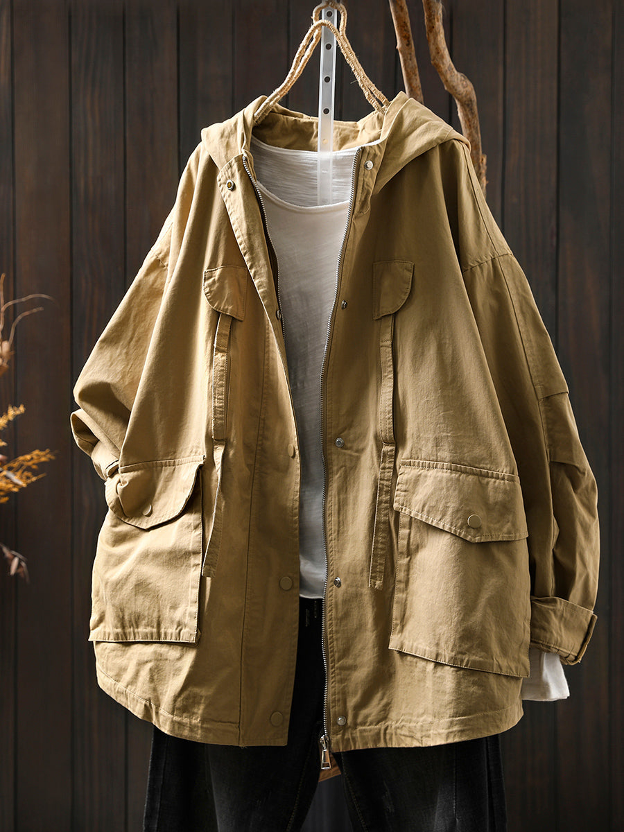 Women Autumn Pure Color 100%Cotton Hooded Coat