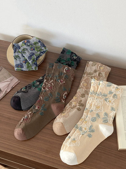 5 Pairs Women Autumn Flower Mid Heel Socks