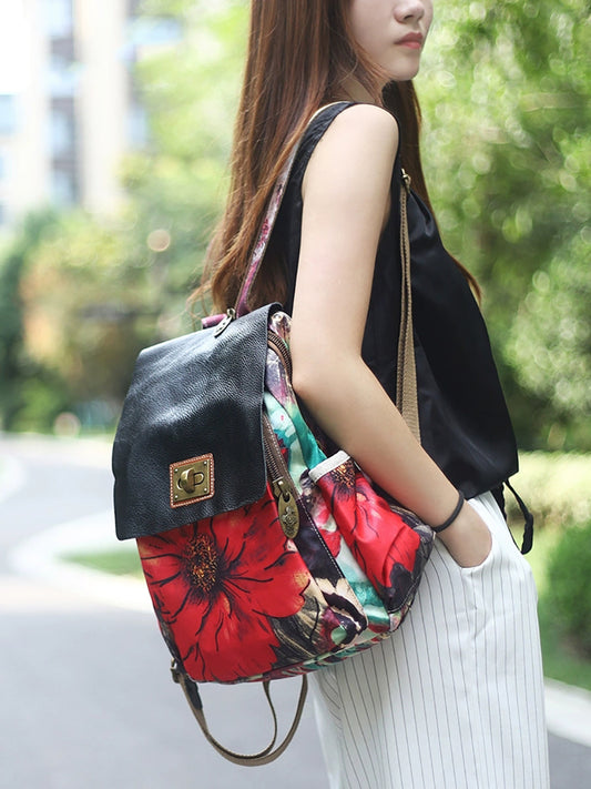 Women Fashion Flower Spliced Large Capacity Backpack