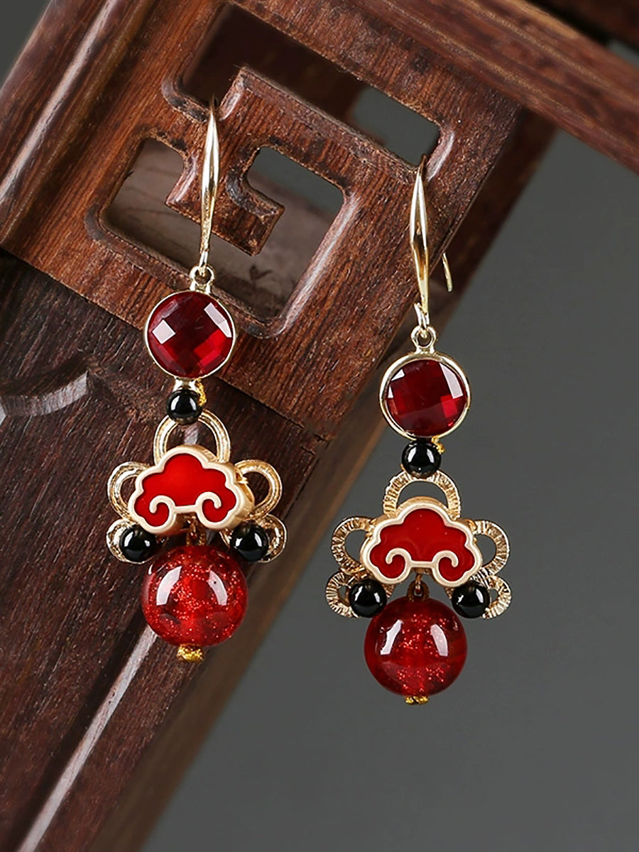 Women Ethnic Red Agate Glass Cloisonne S925Silver Earrings