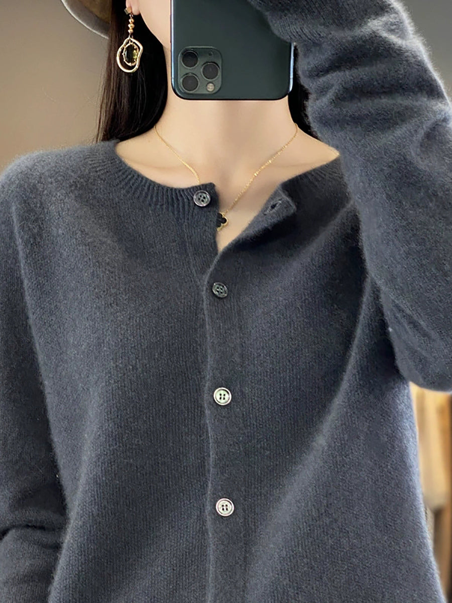 Women Autumn Casual Knitted Wool O-Neck Cardigan Sweater