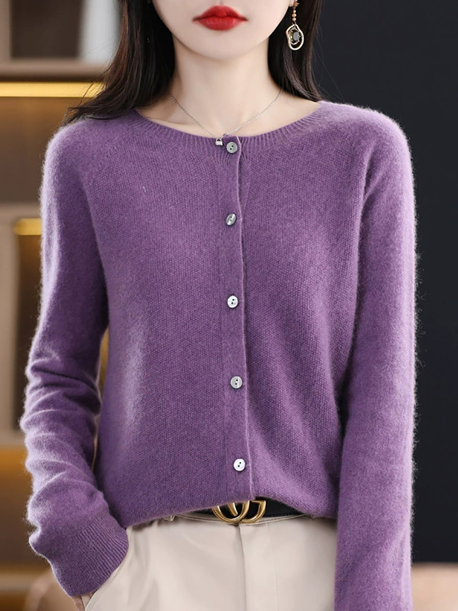Women Autumn Casual Knitted Wool O-Neck Cardigan Sweater