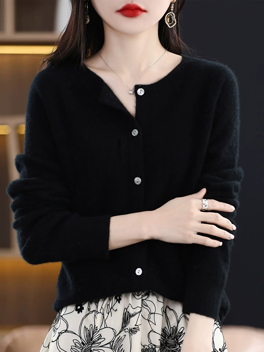 Women Autumn Casual Knitted Wool O-Neck Cardigan Sweater