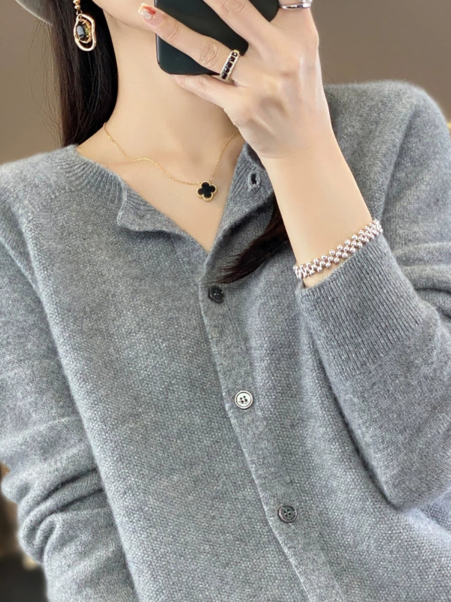 Women Autumn Casual Knitted Wool O-Neck Cardigan Sweater