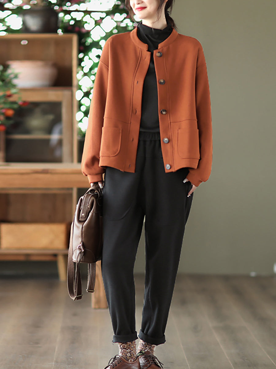 Women Autumn Pure Color O-Neck Cotton Coat