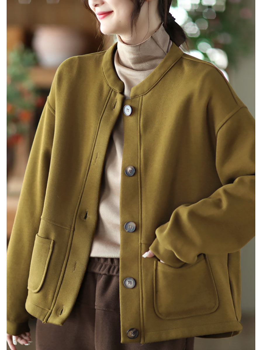 Women Autumn Pure Color O-Neck Cotton Coat