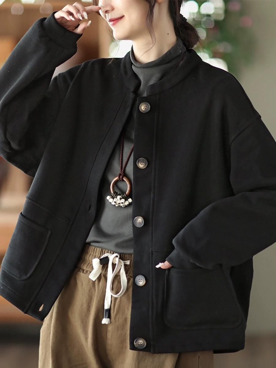 Women Autumn Pure Color O-Neck Cotton Coat