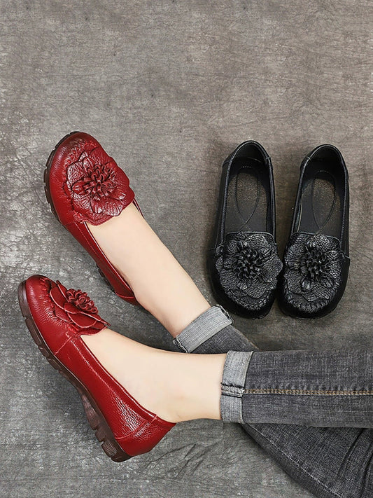 Women Summer Genuine Leather Flower Low Heel Shoes
