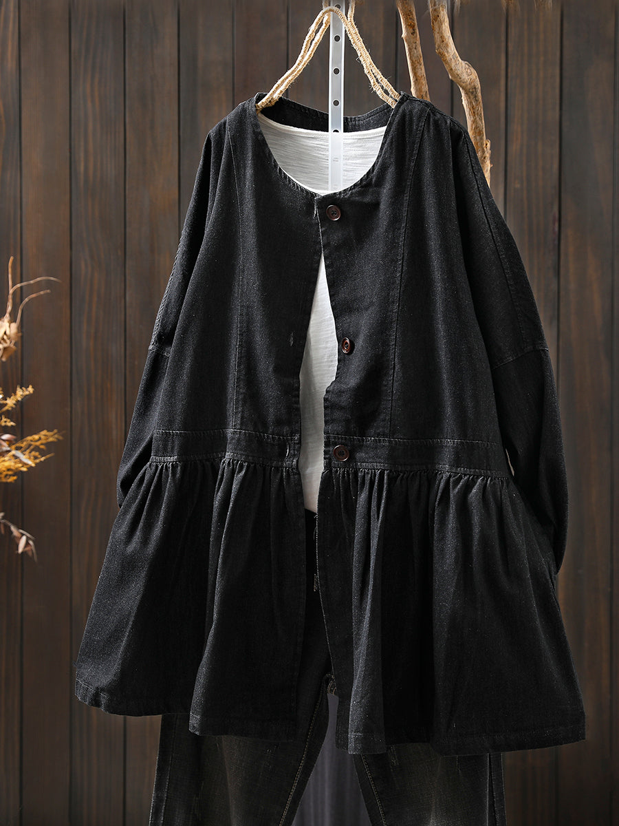 Women Autumn Artsy Pure Color Denim O-Neck Shirt Coat