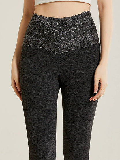 Women Autumn Pure Color Lace High Waist Leggings
