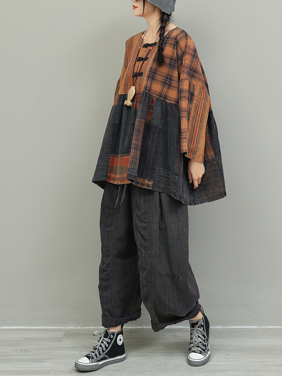 Women Autumn Retro Patchwork O-Neck Loose Cotton Suits