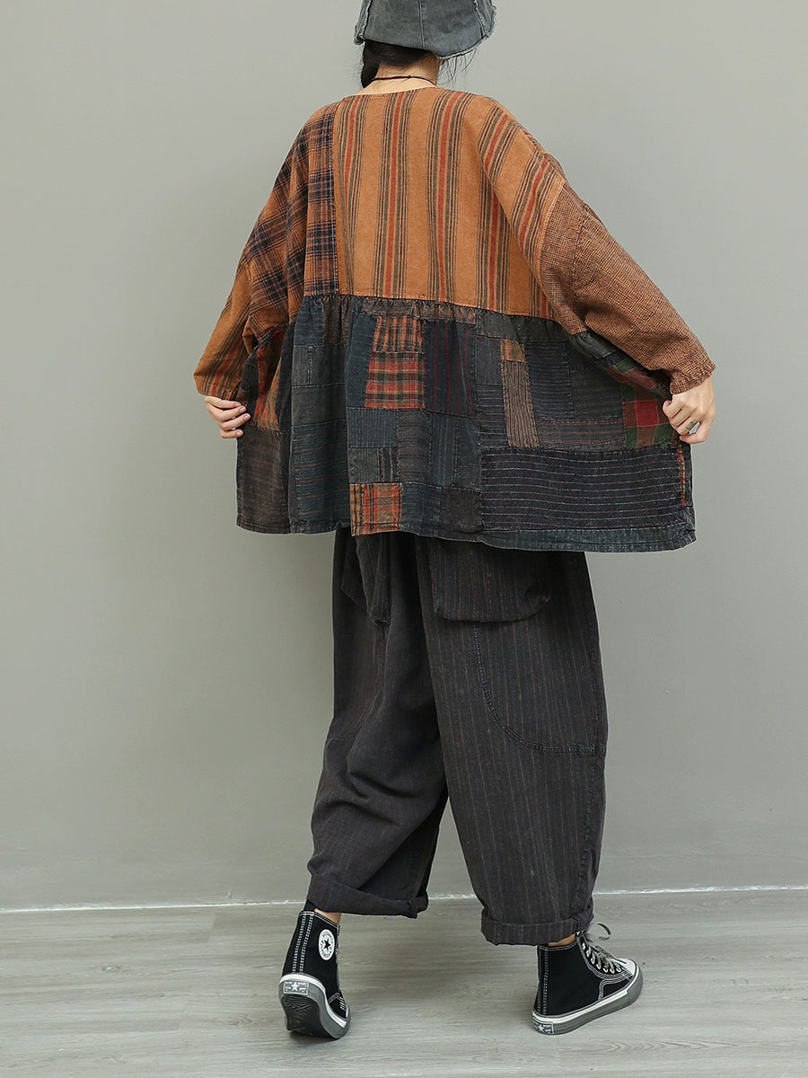 Women Autumn Retro Patchwork O-Neck Loose Cotton Suits