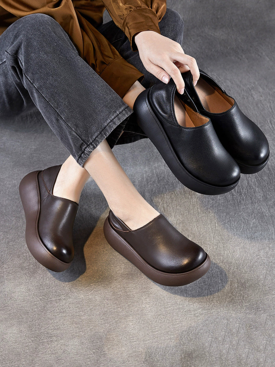 Women Genuine Leather Pure Color Platfrom Shoes