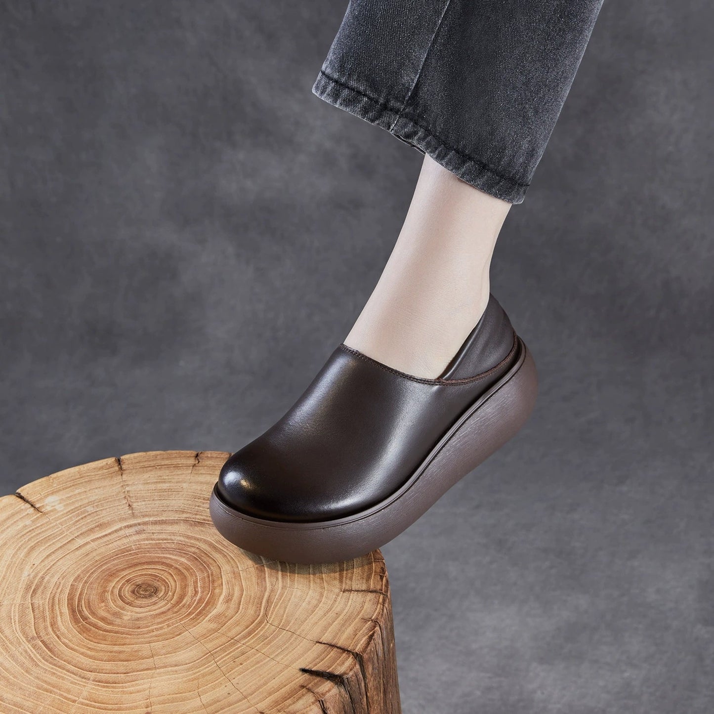 Women Genuine Leather Pure Color Platfrom Shoes