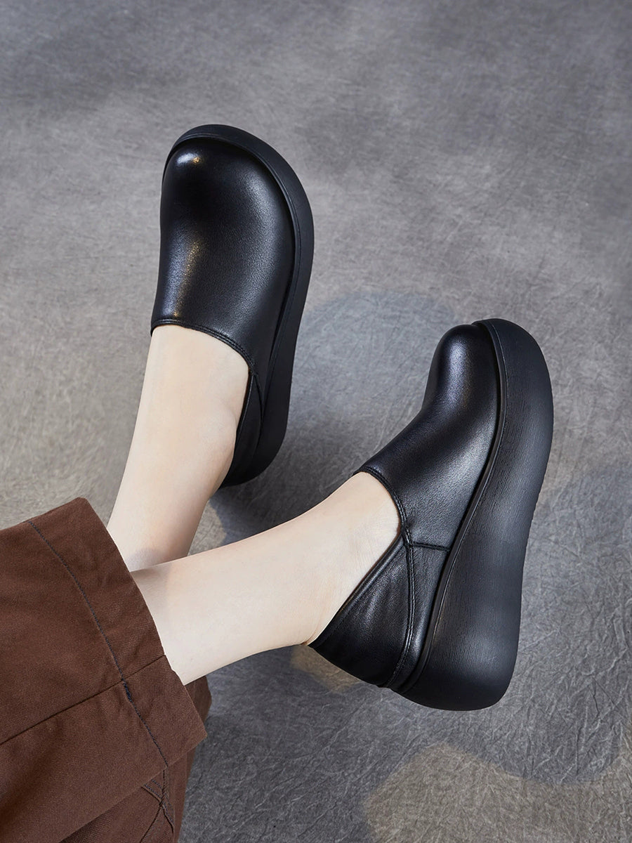 Women Genuine Leather Pure Color Platfrom Shoes