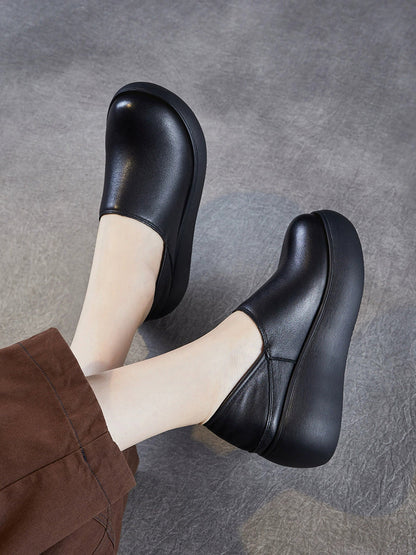 Women Genuine Leather Pure Color Platfrom Shoes