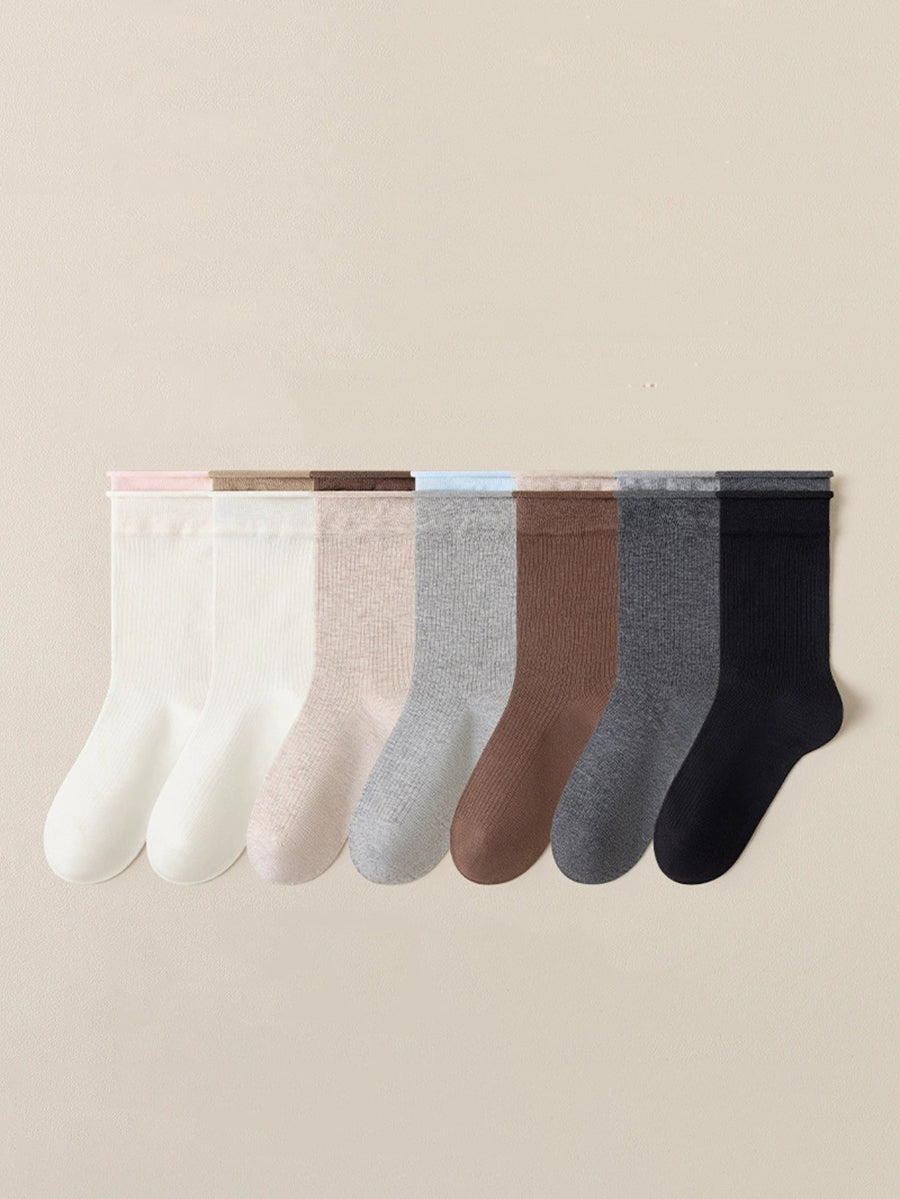 7 Pairs Women Autumn Colorblock Mid Heel Socks