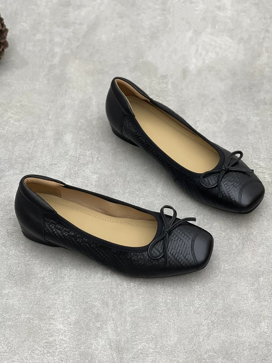 Women Elegant Leather Bowknot Square-Toe Low Heel Shoes