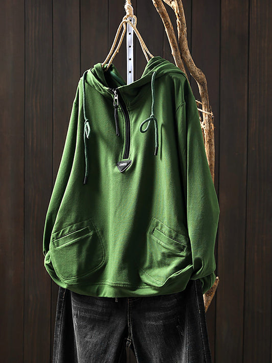 Plus Size Women Casual Autumn Pure Color Cotton Hoodie