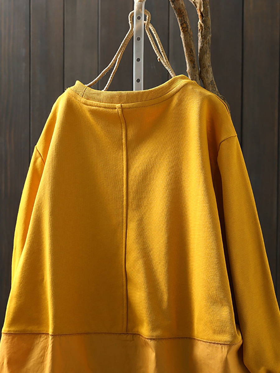 Women Autumn Casual Pure Color Spliced 100%Cotton Sweatshirt