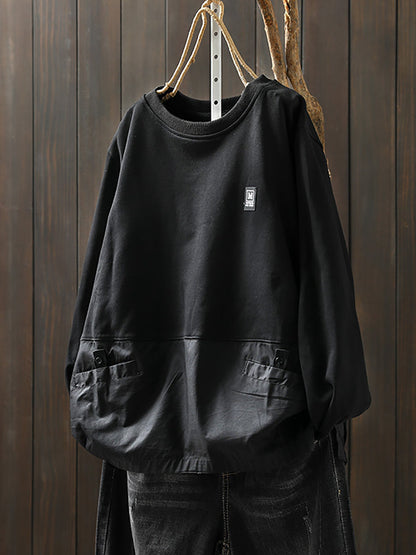 Women Autumn Casual Pure Color Spliced 100%Cotton Sweatshirt