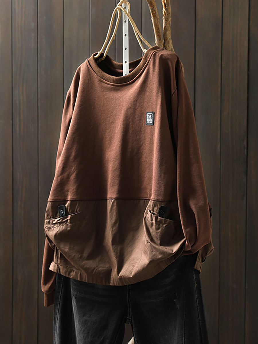 Women Autumn Casual Pure Color Spliced 100%Cotton Sweatshirt