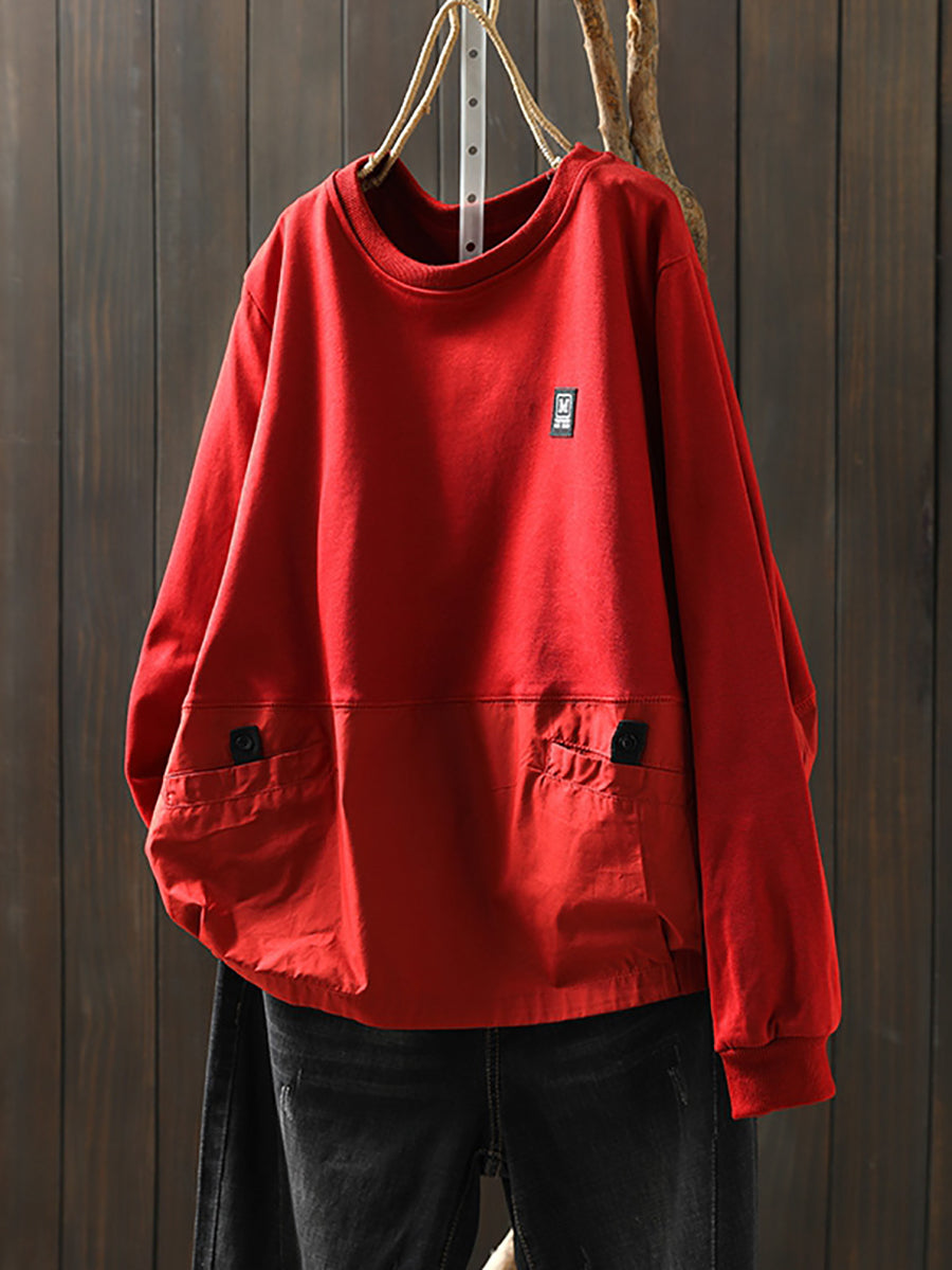 Women Autumn Casual Pure Color Spliced 100%Cotton Sweatshirt