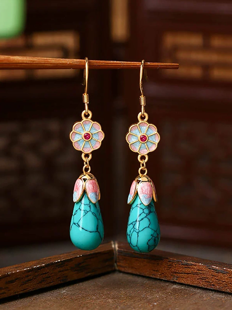 Women Ethnic Gold Enamel Drop Glaze Turquoise Earrings