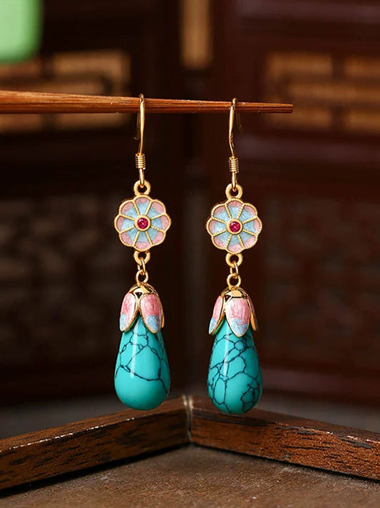 Women Ethnic Gold Enamel Drop Glaze Turquoise Earrings