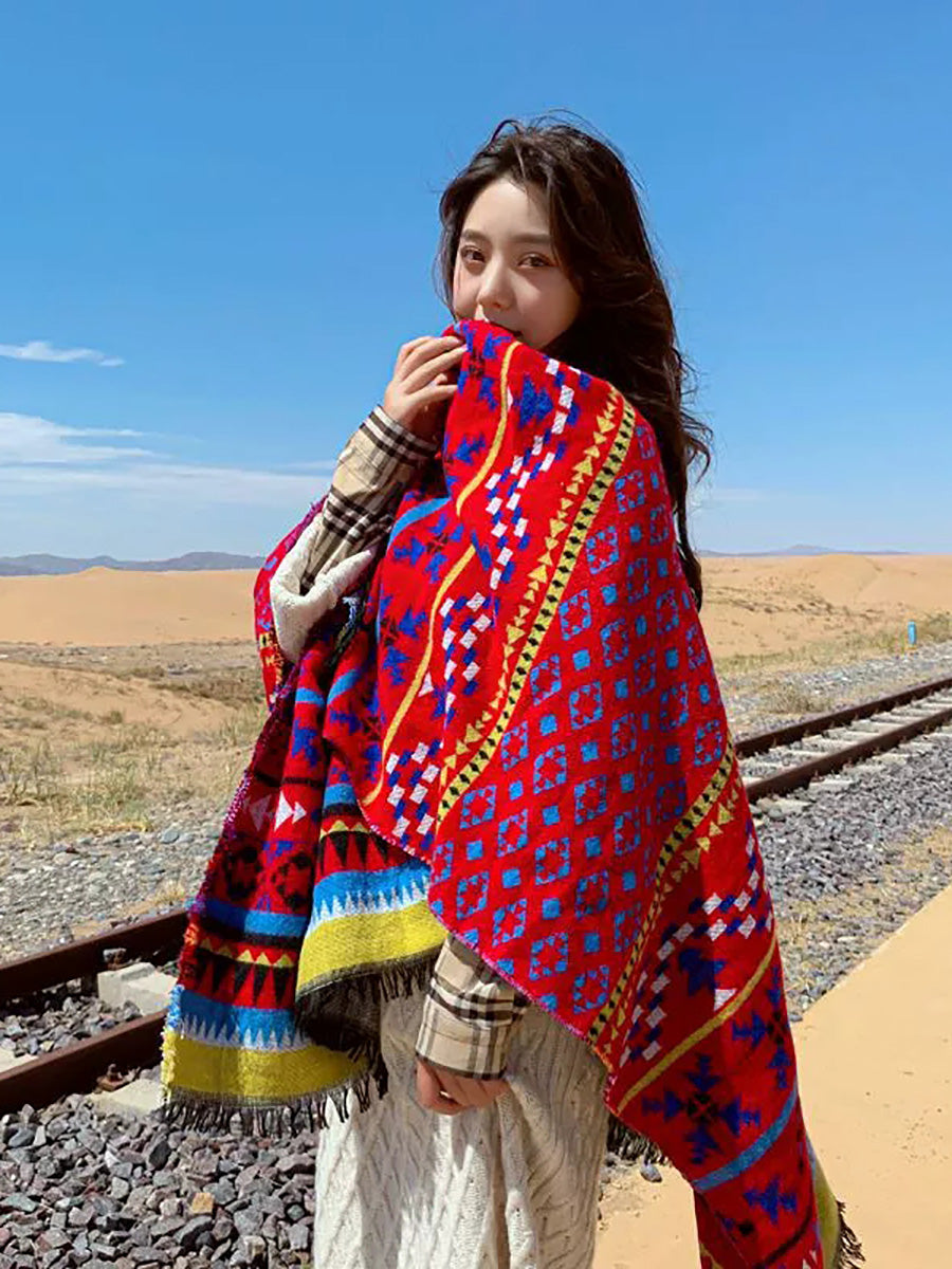 Women Retro Geometric Jacquard Warm Shawl Scarf