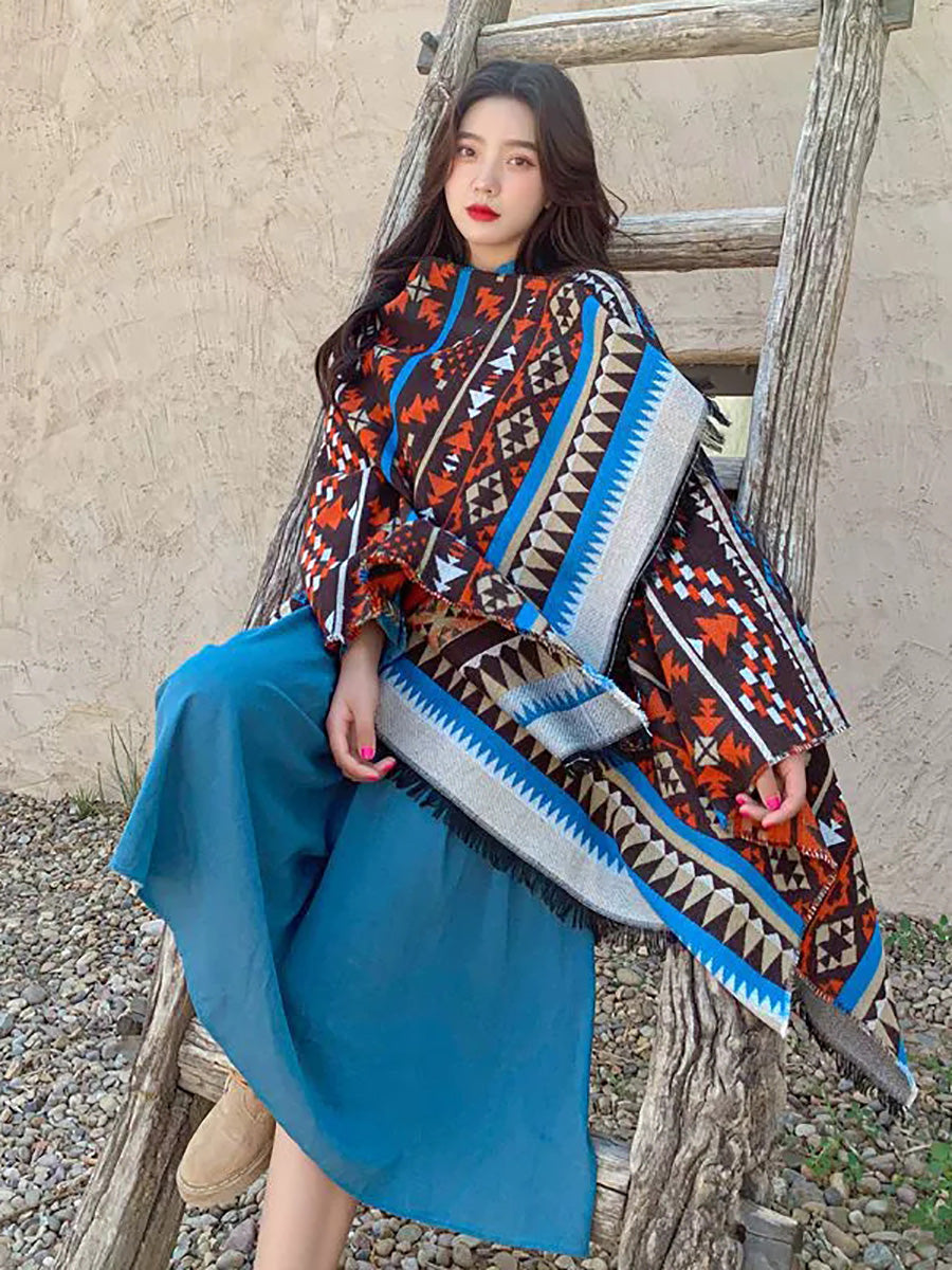 Women Retro Geometric Jacquard Warm Shawl Scarf