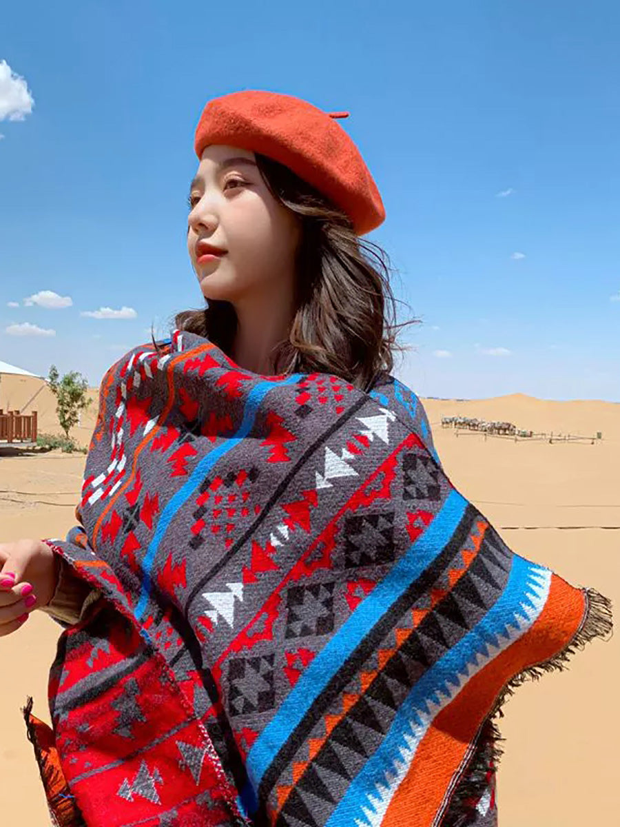 Women Retro Geometric Jacquard Warm Shawl Scarf