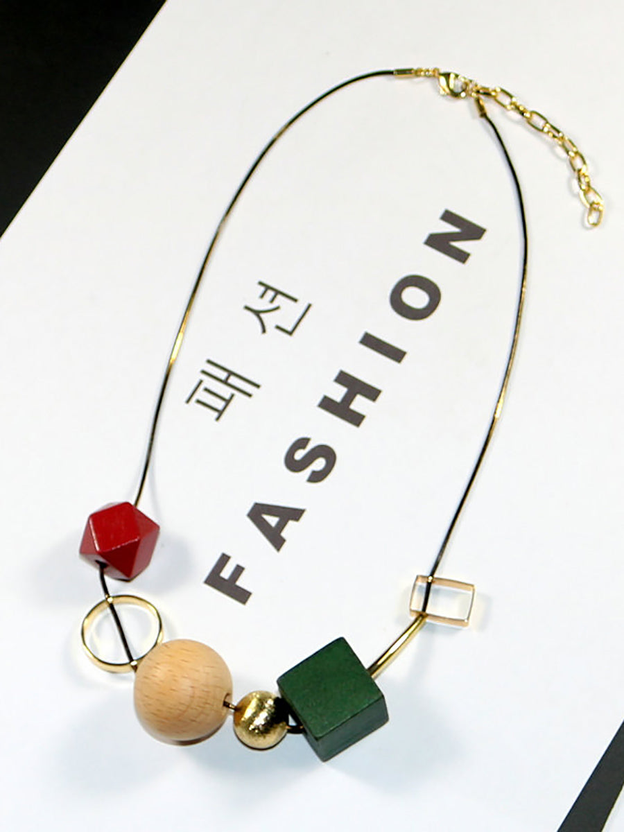 Women Vintage Geometric Wood Bead Alloy Necklace