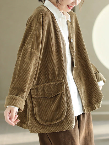 Women Casual Autumn Pure Color V-Neck Corduroy Coat