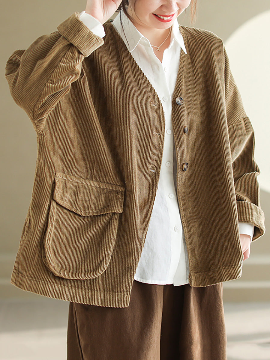 Women Casual Autumn Pure Color V-Neck Corduroy Coat