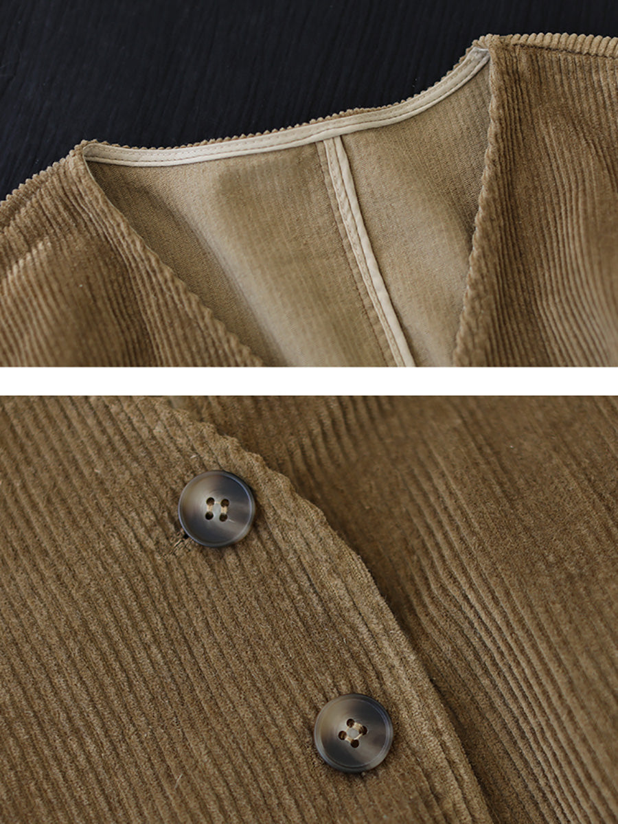 Women Casual Autumn Pure Color V-Neck Corduroy Coat