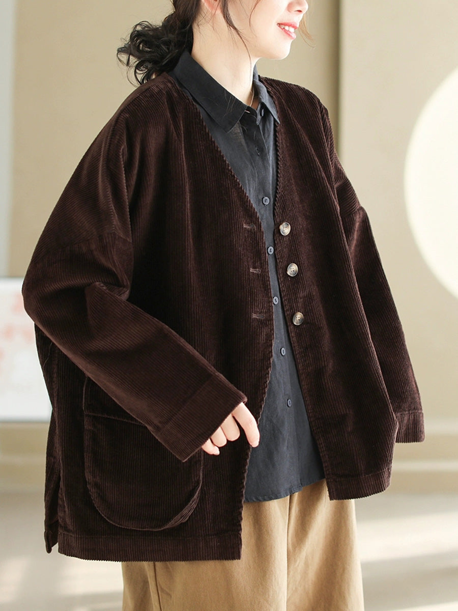 Women Casual Autumn Pure Color V-Neck Corduroy Coat