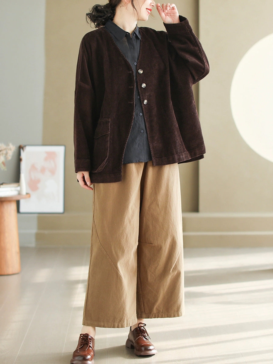 Women Casual Autumn Pure Color V-Neck Corduroy Coat